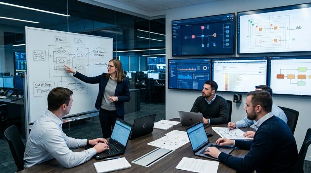 Cybersecurity consultants evaluating web applications, APIs, cloud infrastructure and network assets for a penetration testing engagement