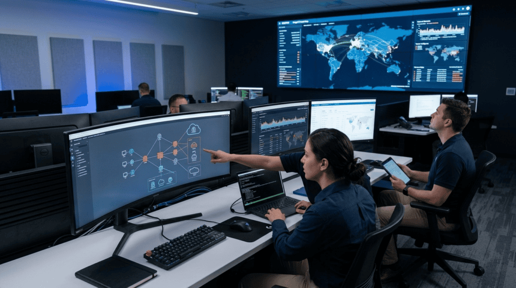 Enterprise security team performing advanced penetration testing and red team assessment across cloud and network environments