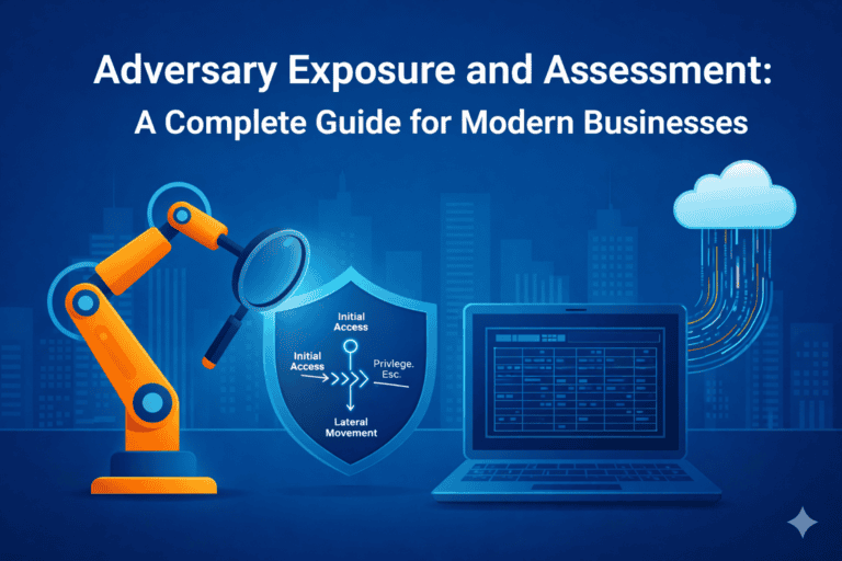 Adversary exposure and assessment diagram showing attack paths including initial access, privilege escalation, and lateral movement in a modern business environment.