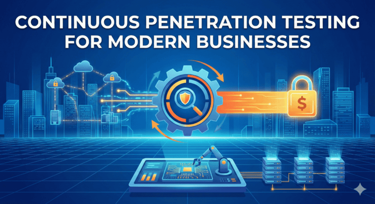 Illustration showing continuous penetration testing with automated security scanning, vulnerability detection, and real-time protection for modern businesses.