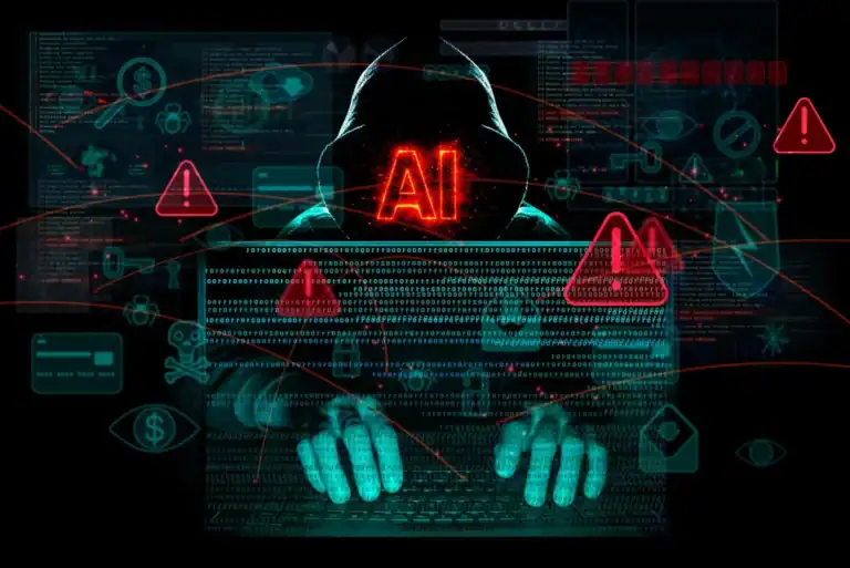 Hooded figure using a laptop surrounded by AI symbols, cybersecurity alerts, and digital threat indicators representing AI-driven cyberattacks and security risks.