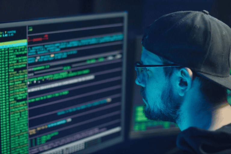 Cybersecurity professional reviewing lines of code on multiple monitors, representing investigation and response to major data breaches.