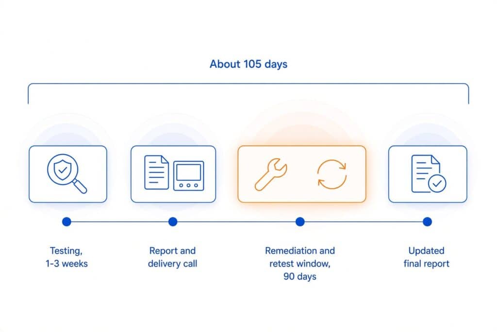Timeline of a typical penetration test: 1-3 weeks of testing, a report and delivery call, a 90-day remediation and retest window, and an updated final report, about 105 days in total.