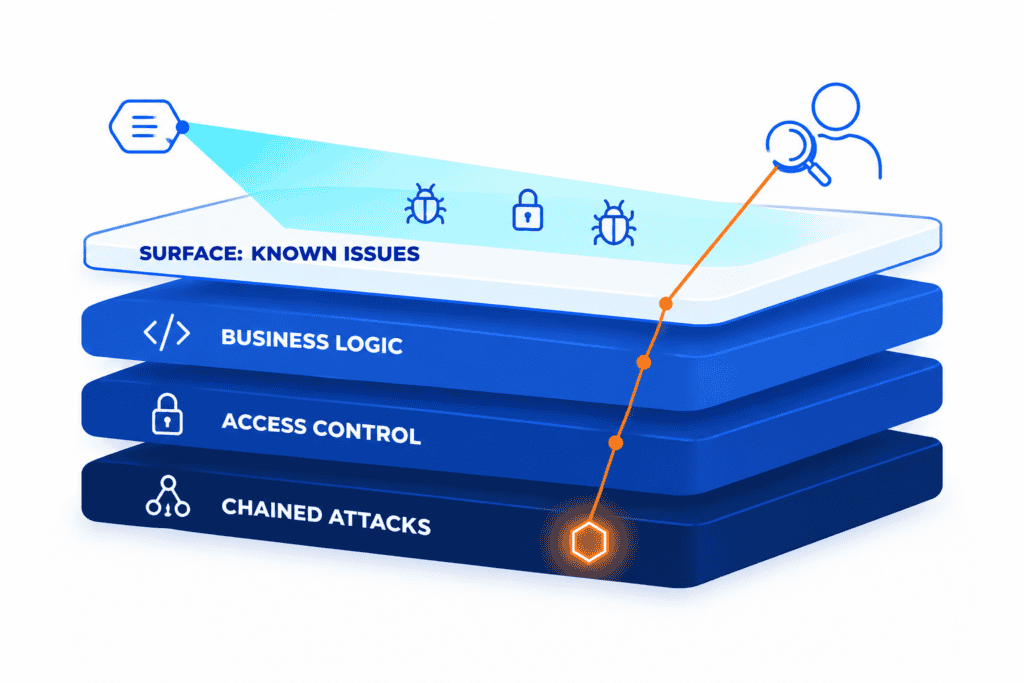 Layered cross-section diagram showing automated scanning sweeping the surface layer of known issues while a human tester reaches down through the deeper layers of business logic, access control, and chained attacks, with the deepest finding highlighted.