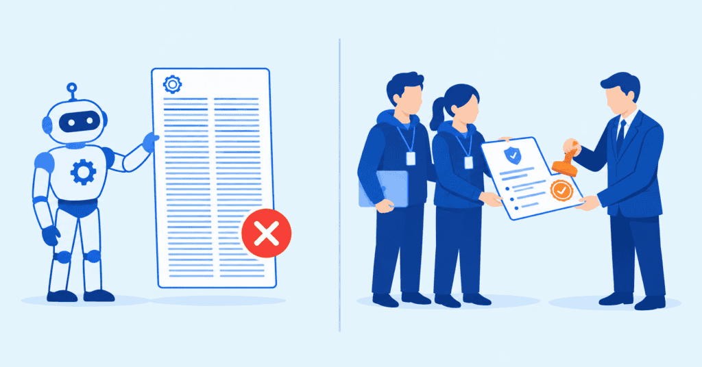 Split illustration contrasting an automated scanner's report, shown declined with a red cross, against a human pentest team's report being reviewed and certified with an approval stamp by an auditor, making the point that auditors trust human-led evidence over machine output.