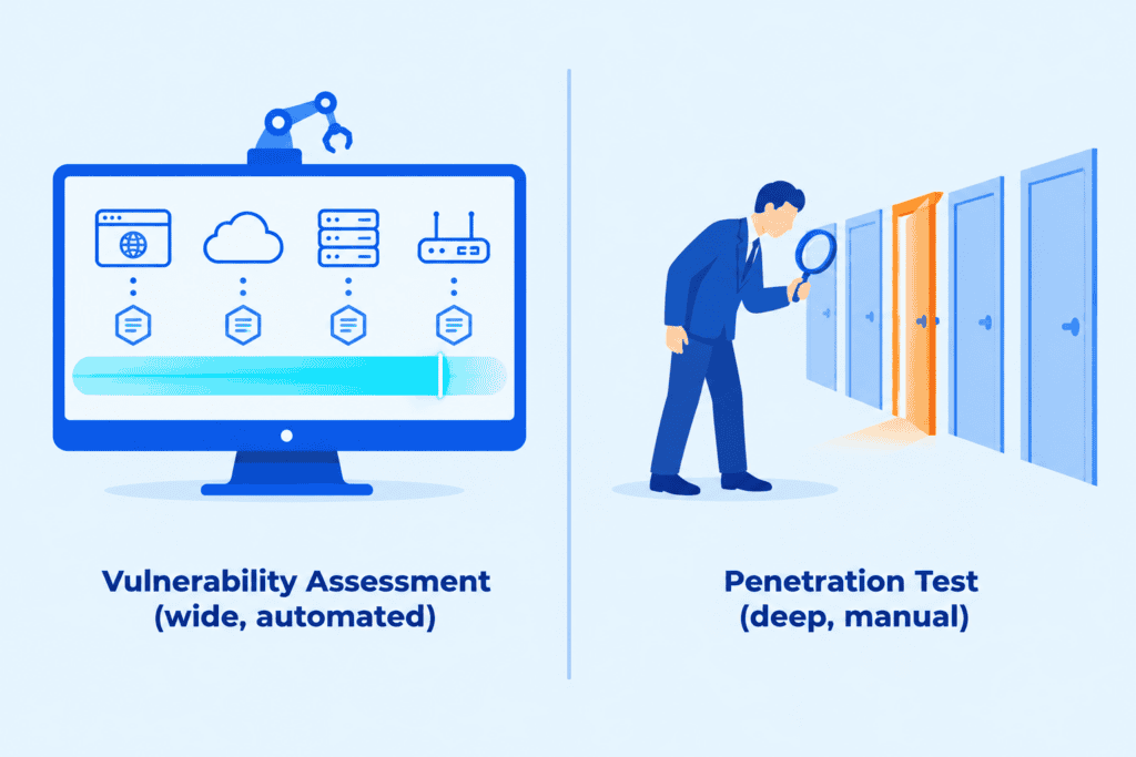 A split illustration, on the left an automated scanner sweeping broadly across many systems, on the right a human tester examining one door in depth, showing vulnerability assessment versus penetration testing.