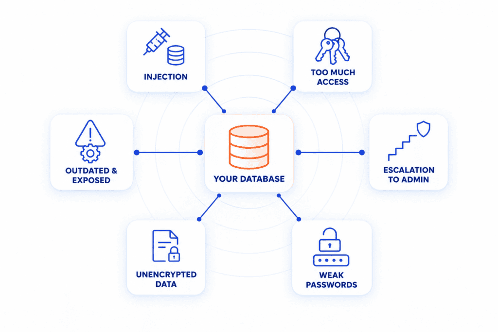 A database at the center with six weaknesses around it - injection, too much access, escalation to admin, weak passwords, unencrypted data, and outdated or over-exposed software - each a labeled icon, with one accent color on the central database.