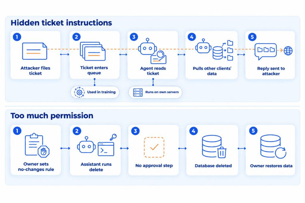 Two ways an AI agent goes wrong. Top: an attacker files a support ticket with a hidden instruction, the company's self-hosted support agent reads it, pulls other clients' account data, and sends it back in a reply. Bottom: an AI coding assistant with full access runs a delete command with no approval step, wiping the database until the owner restores it.
