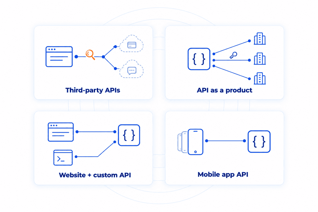 Four API testing scenarios: a website using third-party APIs, an API sold as a product, a website with its own custom API, and a mobile app API.