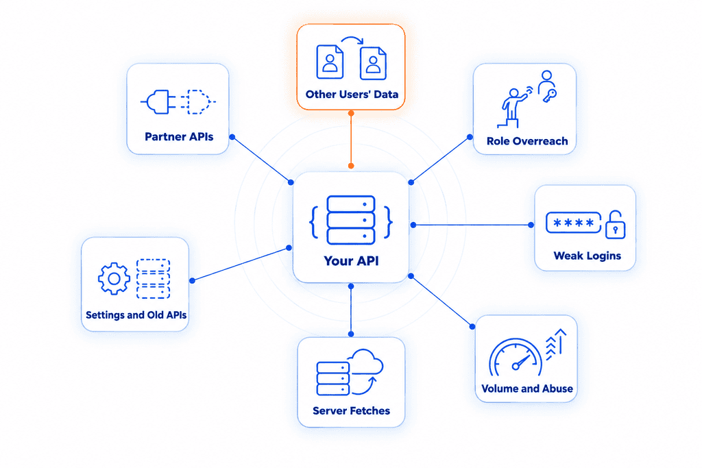 The OWASP API Security Top 10 grouped into seven areas around a central API, from reading other users' data, the top risk, to trusting partner APIs too much.